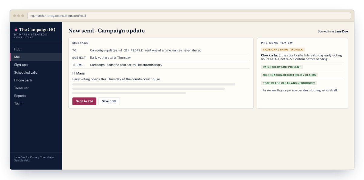 Mail composer with a pre-send review panel that flags a fact to check before sending