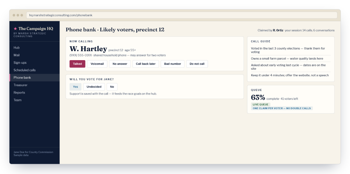 Phone bank caller view with a per-voter call guide, outcome buttons, and the shared queue